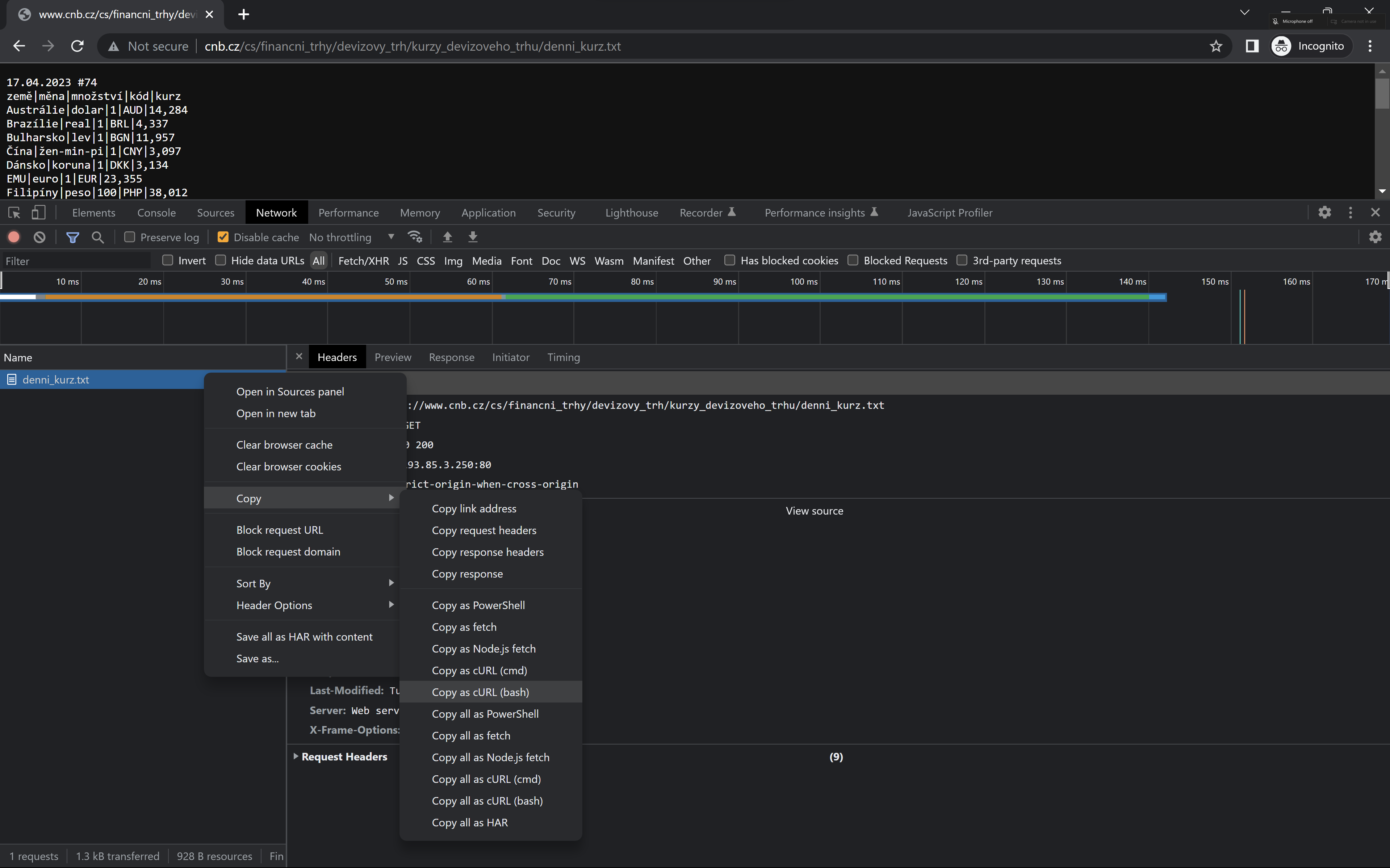 Ukázka kopírování adresy požadavku z DevTools Ukázka kopírování adresy požadavku z DevTools