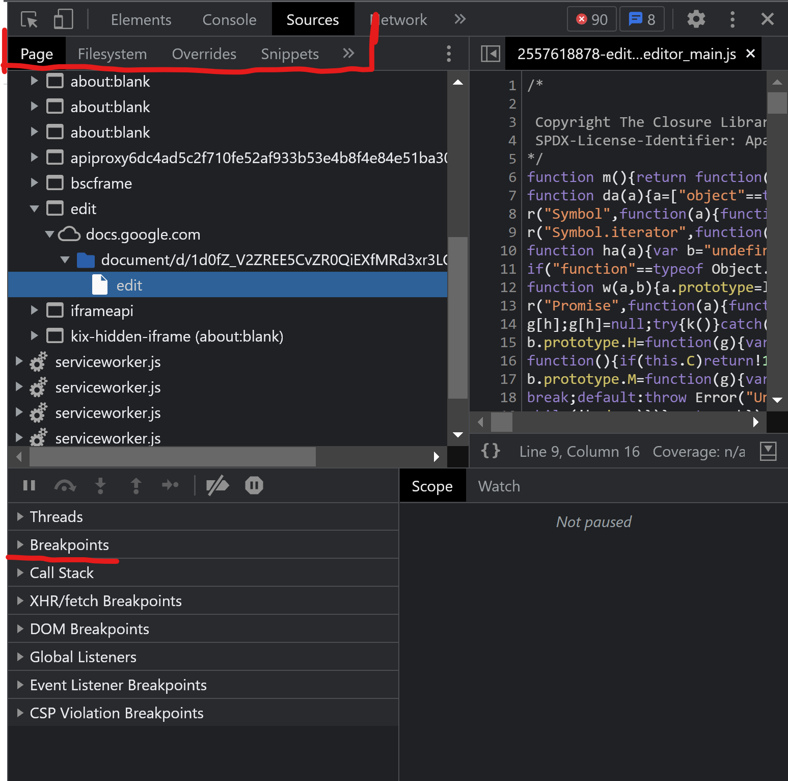 Sources panel v DevTools se zvýrazněnými probíranými částmi DevTools panel Sources se zvýrazněním podmenu a breakpointů