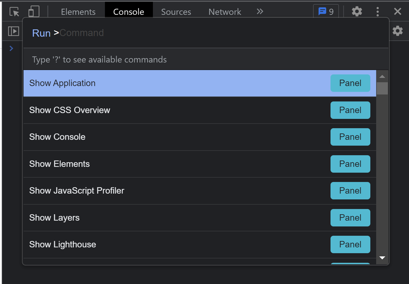 Ukázka jak vypadá vyhledávač funkcí. Vyhledávač funkcí přes Command menu DevTools